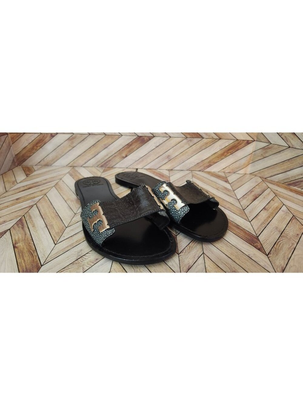 Women Tory Burch Black Gray Gail Side T Logo Slip on Shoe Sandal Size 8
